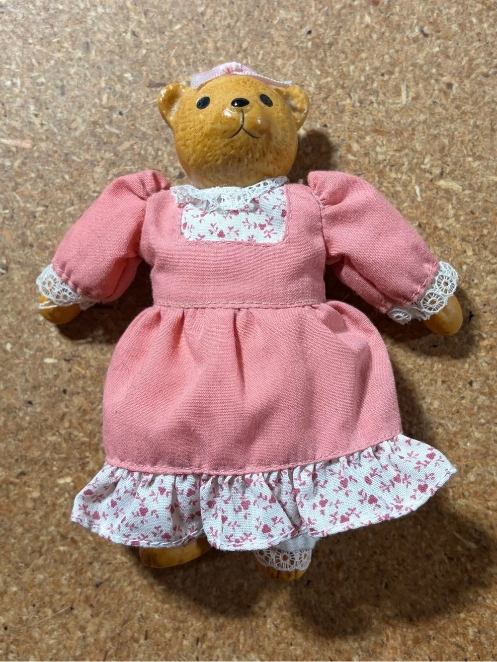 Vintage 1990s Mini Porcelain Teddy Bear Doll Russ Berrie Pink Dress 5”